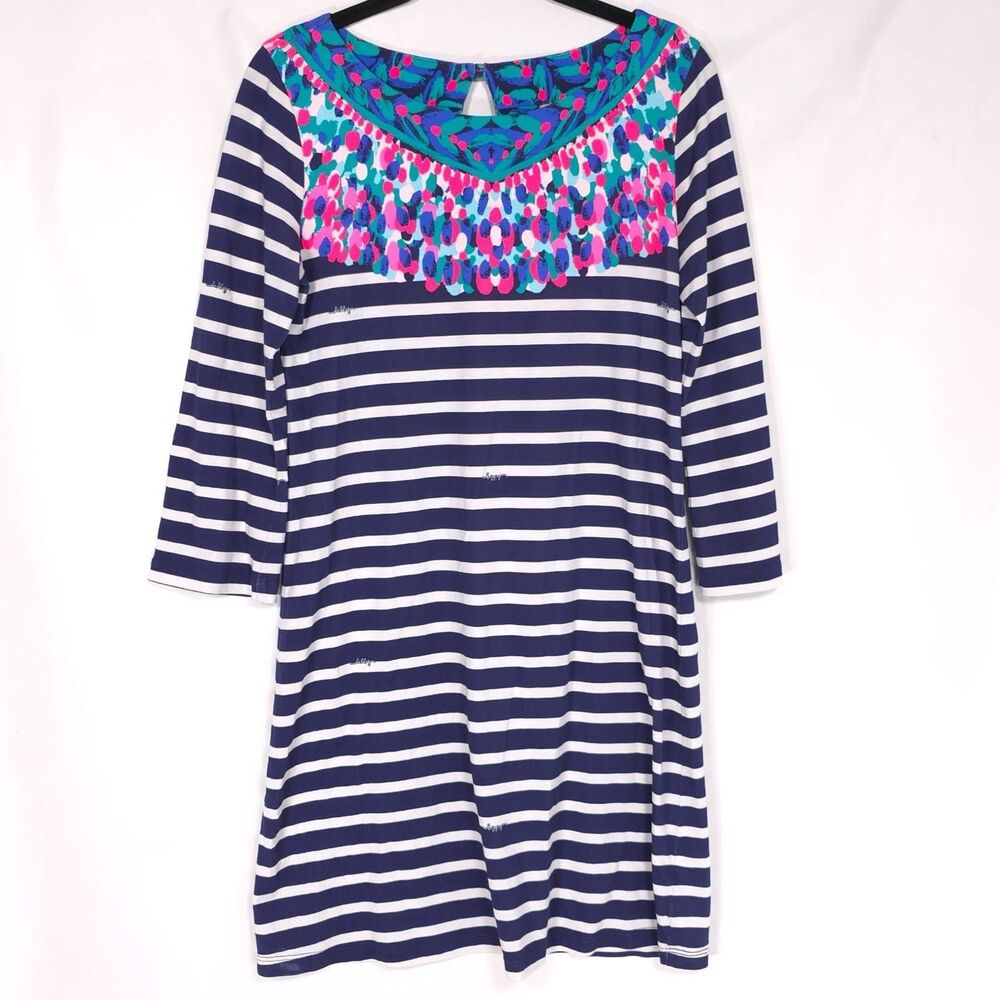 Lilly Pulitzer Women's Size XS Bay Dress Bright Navy Island Medallion Stripe